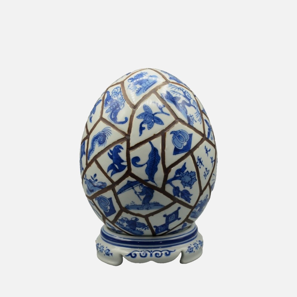 Chinese Original Vintage Signed Porcelain Fengshui Egg Figurine Statue Sculpture